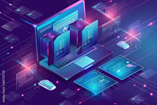 This isometric image illustrates a concept of digital data management, with an abstract laptop and holographic storage as a best-seller background © qorqudlu