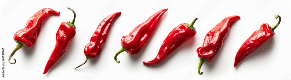 Bright Red Glossy Chili Peppers in a Line Bright Red Glossy Chili Peppers in a Line
