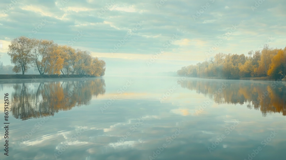 A beautiful lake reflecting a misty sky in shades of soft gray and pale blue, with autumn trees in subtle yellow and olive green. A beautiful lake reflecting a misty sky in shades of soft gray and pale blue, with autumn trees in subtle yellow and olive green.