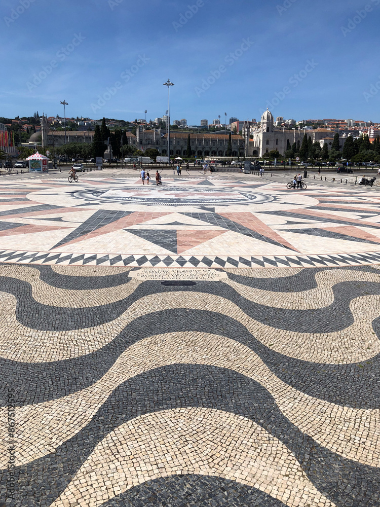 Sidewalk with world map in front tf the Discoveries Monument, Lisbon