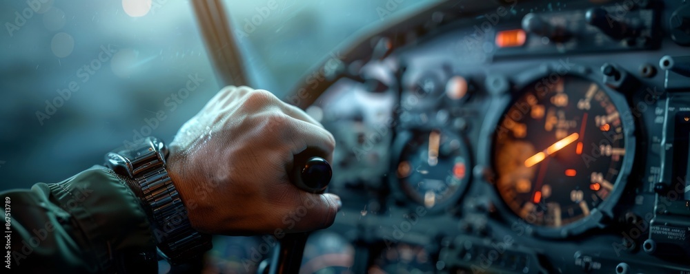 Pilot's Hand on Control Stick in Airplane Cockpit Pilot's Hand on Control Stick in Airplane Cockpit