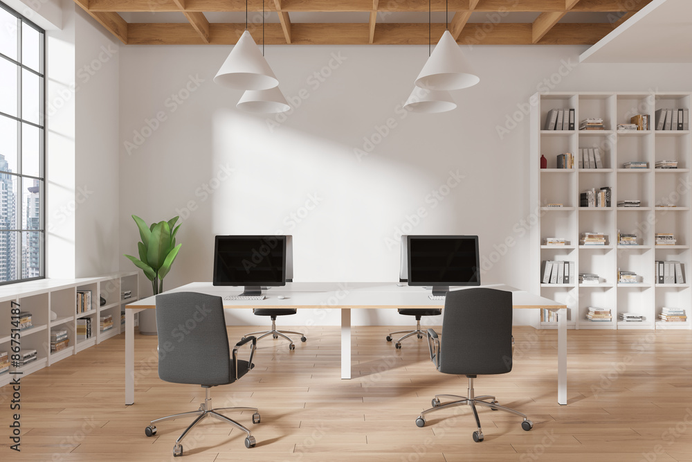 Office coworking interior with pc computers and shelf, panoramic window Office coworking interior with pc computers and shelf, panoramic window