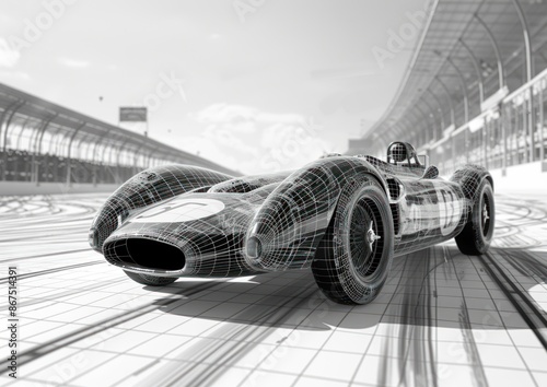 Vintage Racing Car Wireframe on Race Track Blueprint - Detailed wireframe of a vintage racing car on a technical blueprint background, capturing classic automotive design and engineering precision.