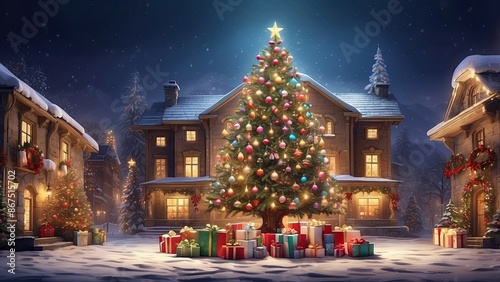 A huge Christmas tree with bright lights and presents. © Uzair