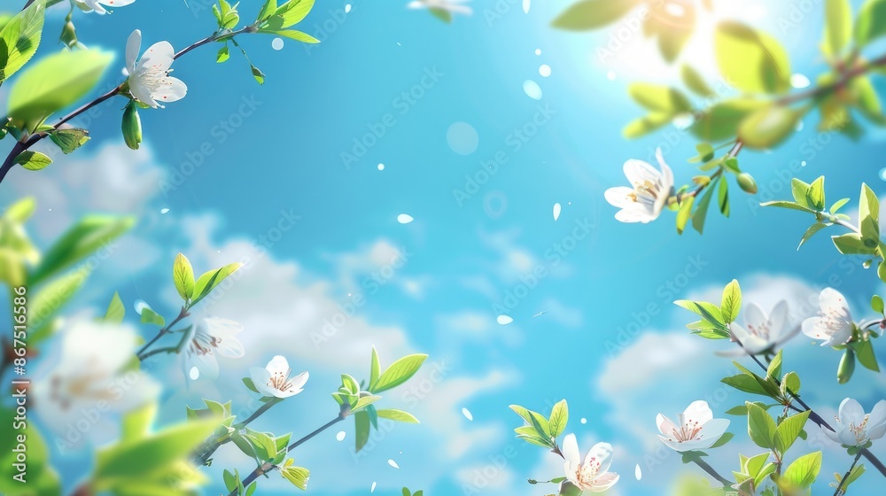 Blooming branches against sunny sky space for text Floral spring backdrop Blooming branches against sunny sky space for text Floral spring backdrop