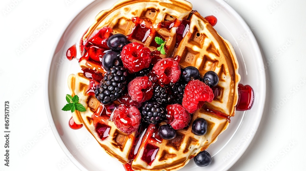 Delicious waffle with mixed berries and syrup on white plate. Tasty and colorful breakfast option. Food photography perfect for culinary blogs. Style involves bright and vibrant colors. AI Delicious waffle with mixed berries and syrup on white plate. Tasty and colorful breakfast option. Food photography perfect for culinary blogs. Style involves bright and vibrant colors. AI