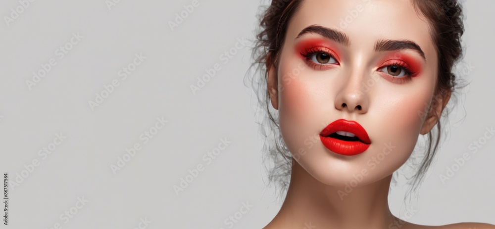 Elegant portrait of a woman with bold red makeup on a light background 
