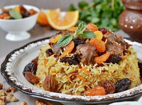 Azerbaijani pilaf with meat and dried fruits on a serving platter. closeup photo