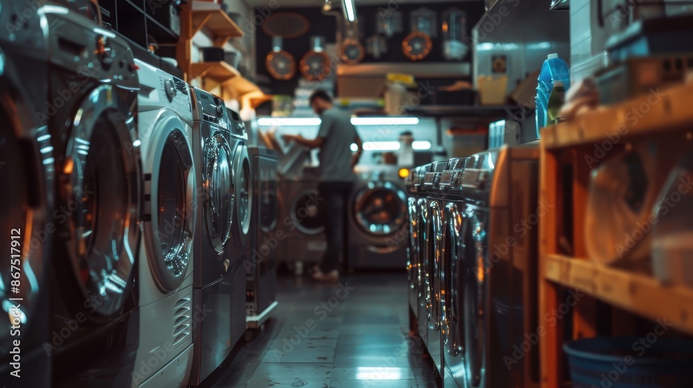 Indoor setting with rows of washing machines and dryers, suggesting a laundry room or appliance store. A person is visible in the background, working or organizing items on shelves Indoor setting with rows of washing machines and dryers, suggesting a laundry room or appliance store. A person is visible in the background, working or organizing items on shelves