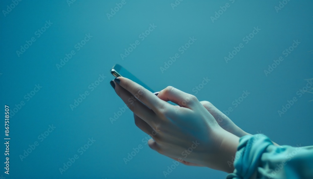 Hand Holding Smartphone Against Blue Background Hand Holding Smartphone Against Blue Background