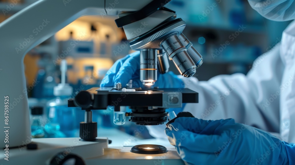 Scientist Examining Microscope Slide in Lab Scientist Examining Microscope Slide in Lab