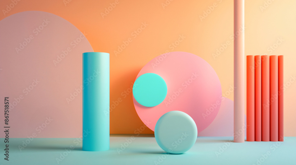 A minimalist Memphis composition with a stand: A soft pastel background with a single, bold geometric shape in a contrasting neon color. A minimalist stand, resembling a Memphis-inspired sculpture, A minimalist Memphis composition with a stand: A soft pastel background with a single, bold geometric shape in a contrasting neon color. A minimalist stand, resembling a Memphis-inspired sculpture,