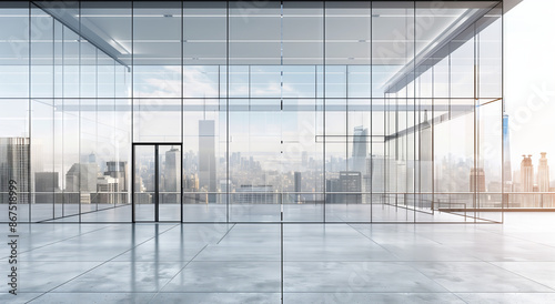 Spacious modern office featuring floor-to-ceiling glass walls, offering a breathtaking panoramic view of a bustling city skyline.