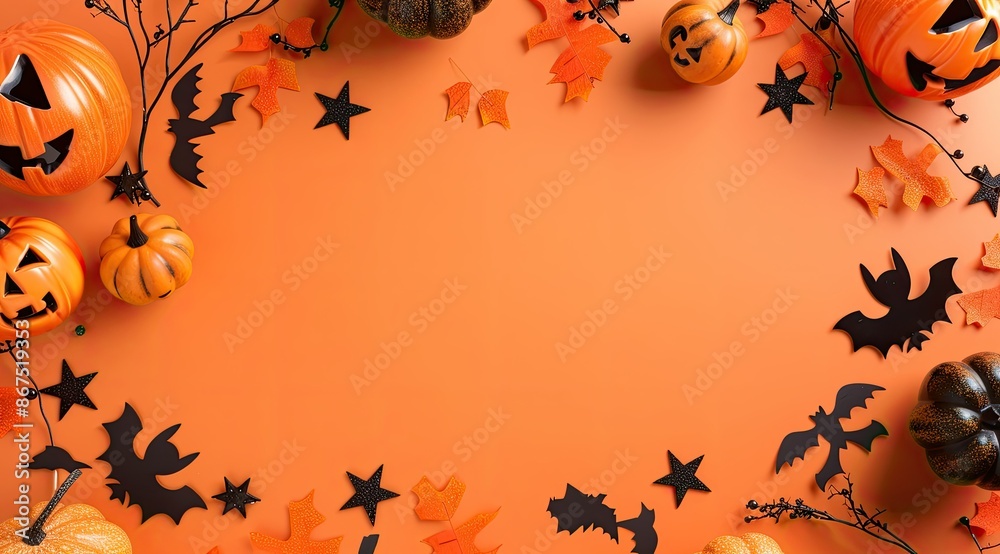 A Flat Lay of an Orange Background with Halloween Decorations A Flat Lay of an Orange Background with Halloween Decorations