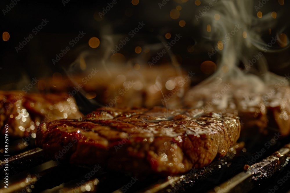 Sizzling Steak on Grill with Smoke Sizzling Steak on Grill with Smoke