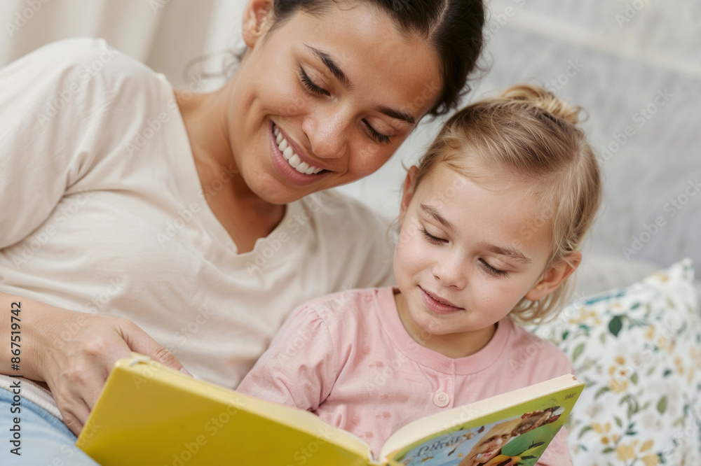 Close-up of woman and little girl reading a book together Close-up of woman and little girl reading a book together