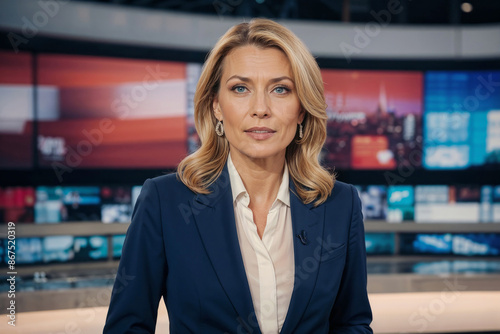 Anchorwoman reporting tv live news evening program. Presenter talking television photo