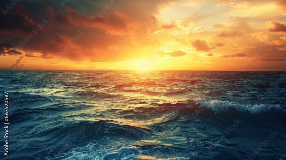 Naklejka premium A stunning sunset over the ocean, showcasing vibrant colors in the sky with dramatic clouds and waves, creating a breathtaking and serene seascape scene.