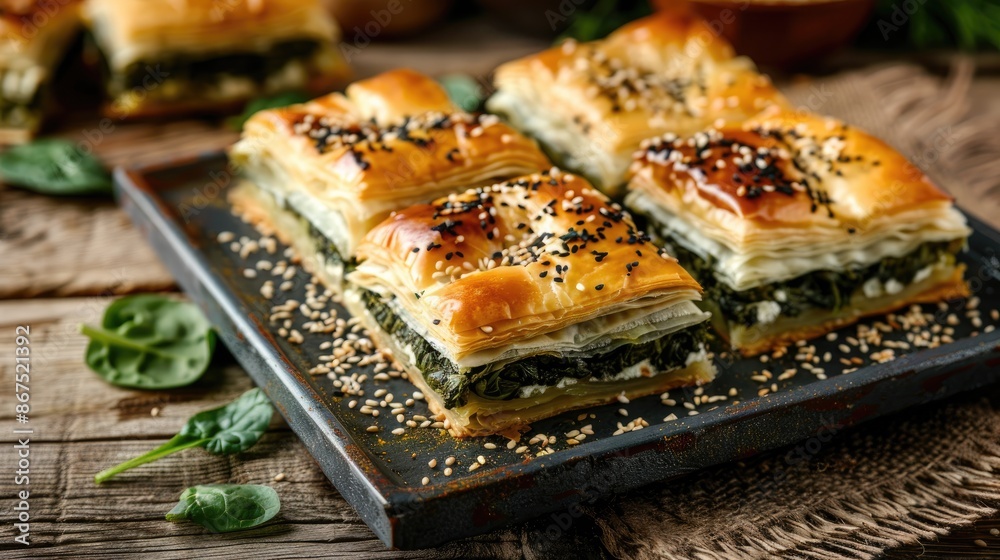 Appetizing phyllo dough pastry filled with spinach feta cheese and sprinkled with sesame seeds Classic Turkish baked treat called Ispanakli Borek Appetizing phyllo dough pastry filled with spinach feta cheese and sprinkled with sesame seeds Classic Turkish baked treat called Ispanakli Borek