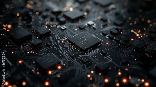 Abstract futuristic background in dark colors. Black abstract microcircuits and processors. AI generative