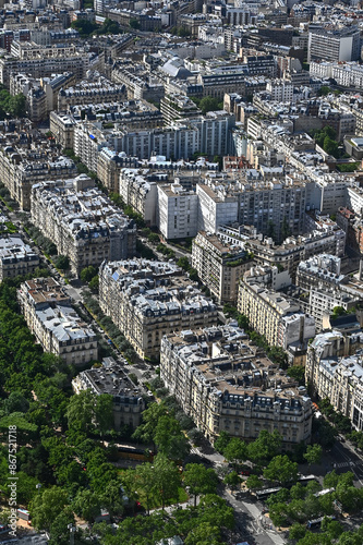 Paris skyline houses streets from above