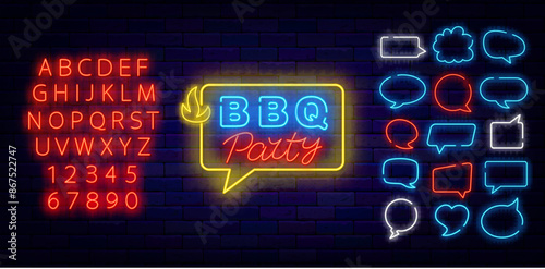 Barbecue party neon label. Speech bubble frames collection. Grill event. Glowing red alphabet. Vector illustration