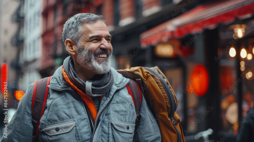 Smiling Man with Beard Walking City Street with Backpack Smiling Man with Beard Walking City Street with Backpack