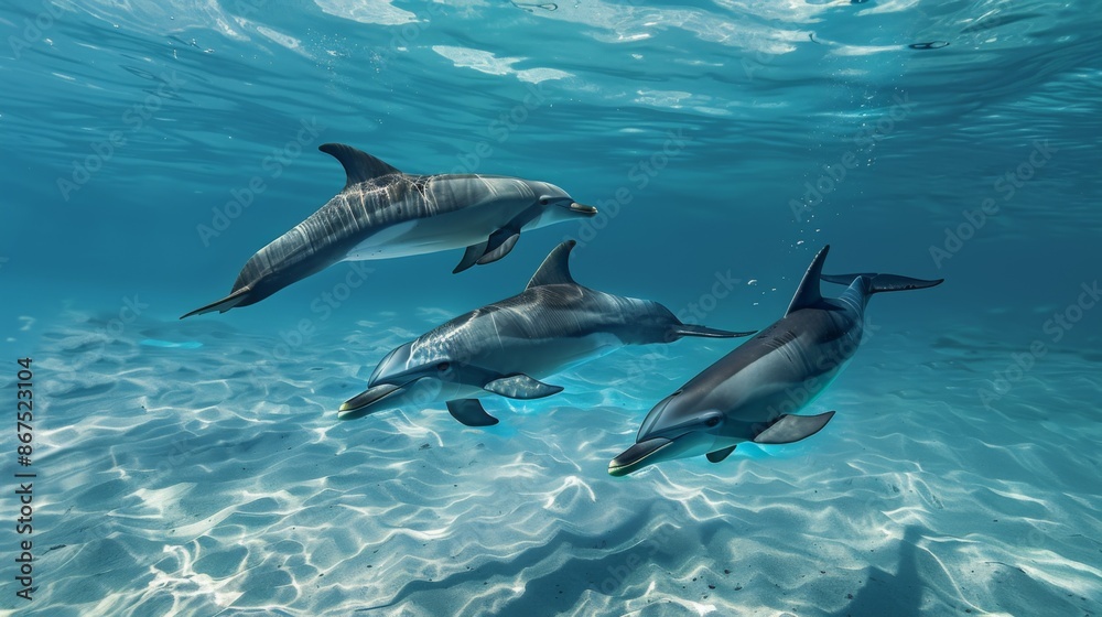 Naklejka premium A captivating image of three dolphins swimming gracefully underwater in clear, turquoise oceanic water, showcasing the beauty of marine life and underwater ecosystems.