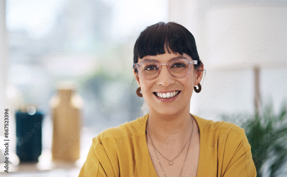 Business woman, face and glasses in office for career, company and work with confident smile. Entrepreneur, happy and eyewear in workplace for creative agency, startup and job as event planning Business woman, face and glasses in office for career, company and work with confident smile. Entrepreneur, happy and eyewear in workplace for creative agency, startup and job as event planning