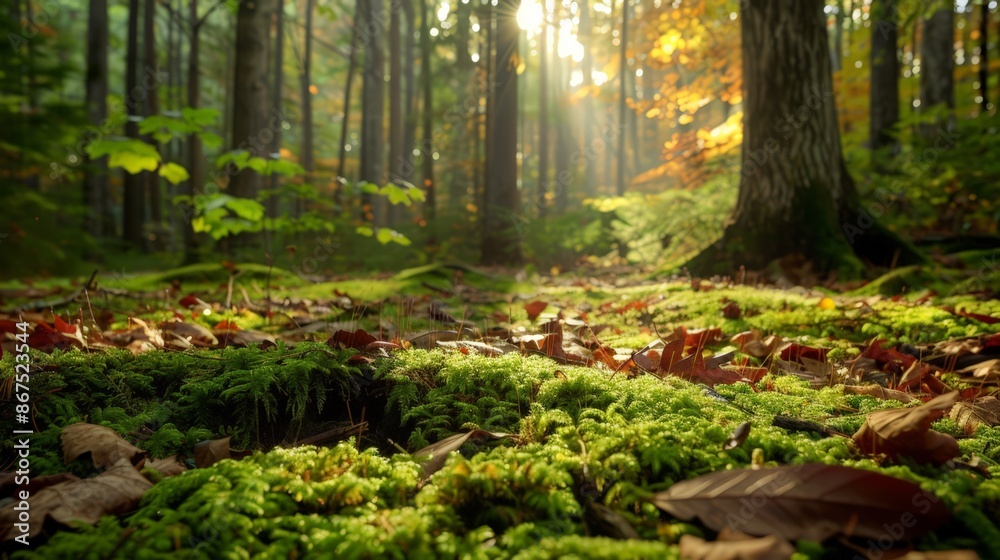 The forest floor, covered in a soft carpet of moss and fallen leaves, supports a delicate ecosystem that thrives in the shadows of towering trees.