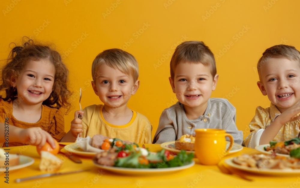 Happy Children Enjoying a Healthy Meal at a Yellow Table Happy Children Enjoying a Healthy Meal at a Yellow Table