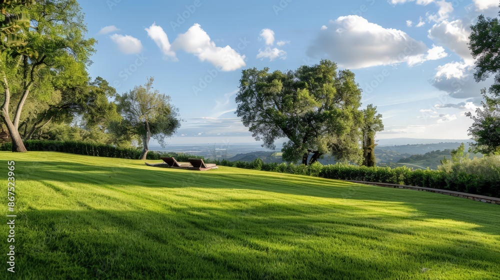 Obraz premium The gentle slope of a grassy hill invites you to sit, relax, and take in the expansive views of the surrounding landscape.