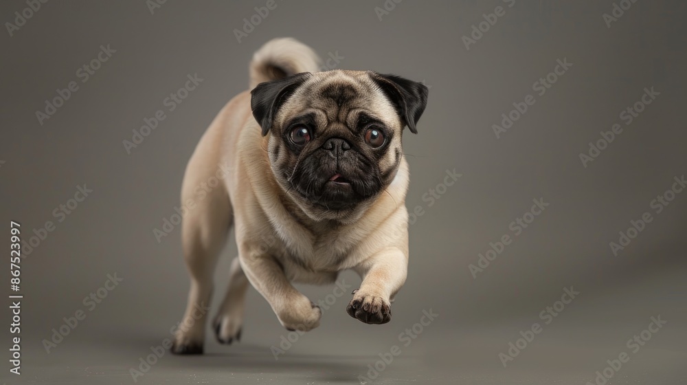 Purebred pug in studio setting with focus on movement and pet beauty Purebred pug in studio setting with focus on movement and pet beauty