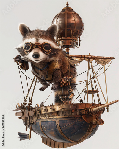 A steampunk airship piloted by a raccoon in goggles photo