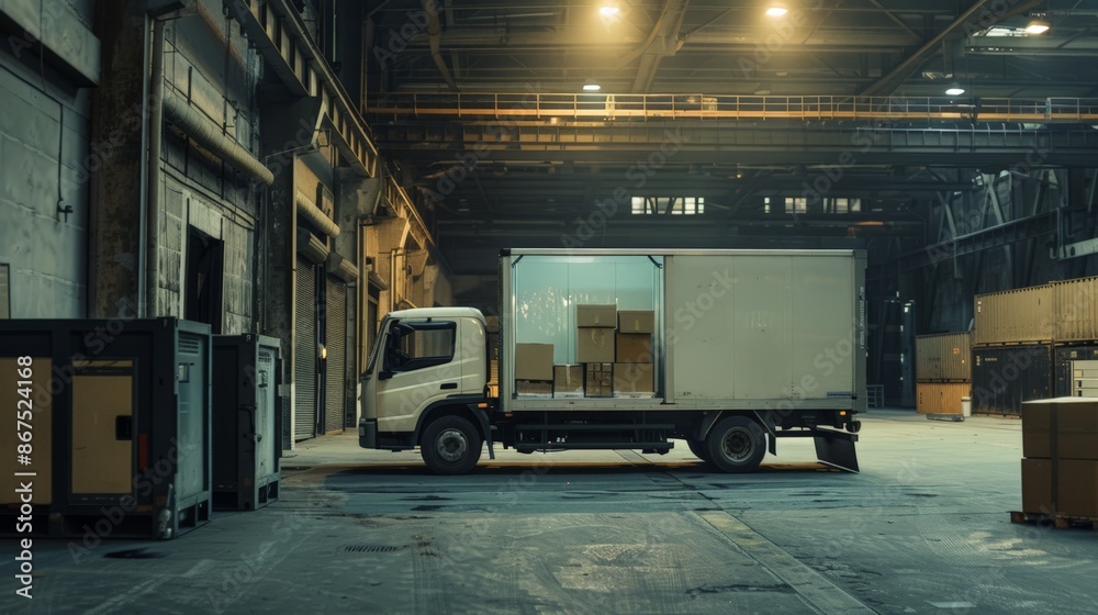 Empty White Box Truck in Industrial Warehouse Empty White Box Truck in Industrial Warehouse