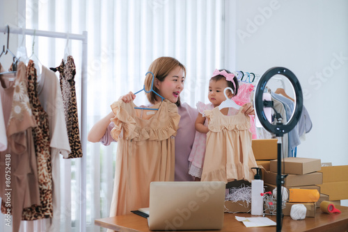 Young asian fashion influencer mother and her daughter show off clothes for review with social media live broadcast and online marketing at home.