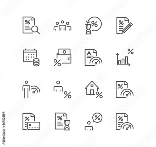 Set of credit rating related icons, mortgage, guarantors, bank building and linear variety vectors.	
