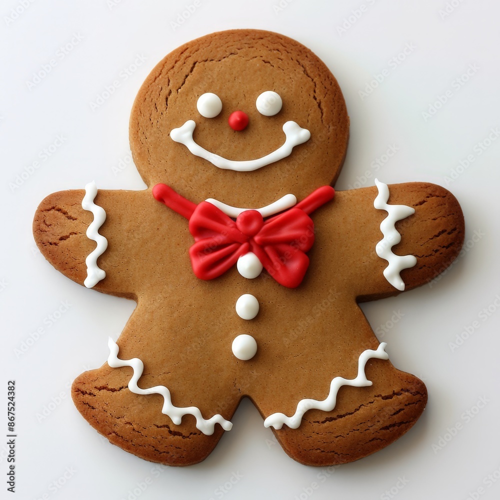 Happy Holiday Gingerbread Cookie with Red Bow and White Icing Smile Happy Holiday Gingerbread Cookie with Red Bow and White Icing Smile