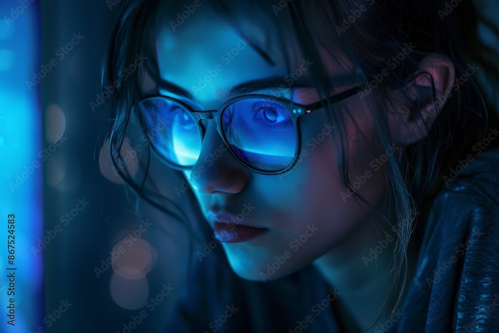 Cool and Mysterious Teen Girl in Blue Light, Wearing Glasses and Looking Intently Cool and Mysterious Teen Girl in Blue Light, Wearing Glasses and Looking Intently