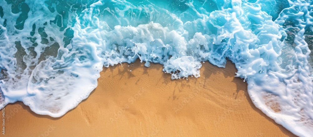 Obraz premium Top view summer beach scene with sea waves, sandy shore, and foam: ideal background for vacation concept with space for text.