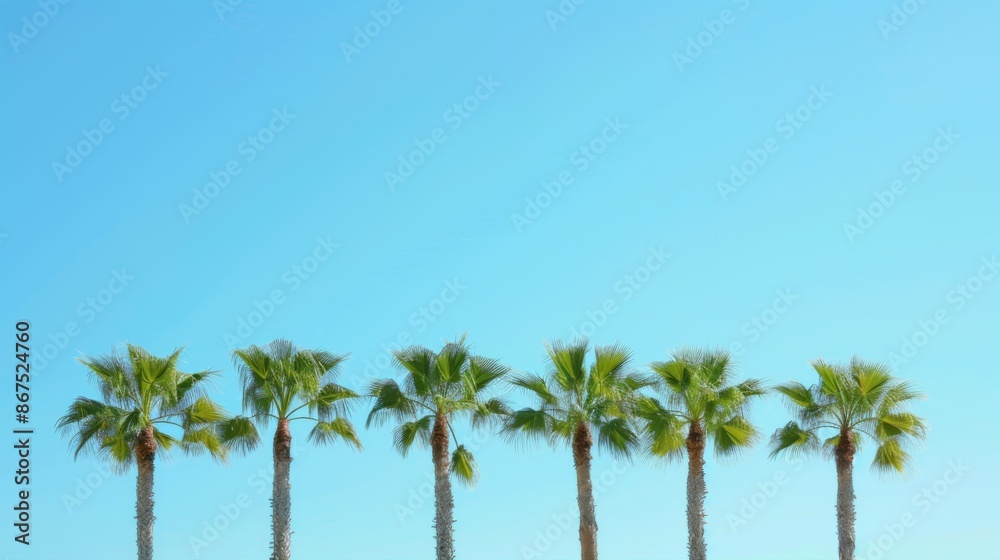 A picturesque row of palm trees standing tall against a clear blue sky, capturing the serene and calming essence of a sunny day, embodying nature and tranquility. A picturesque row of palm trees standing tall against a clear blue sky, capturing the serene and calming essence of a sunny day, embodying nature and tranquility.