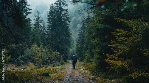 A lone hiker, equipped with a backpack and walking sticks, traverses a lush, misty forest trail surrounded by towering pine trees. © Karolis