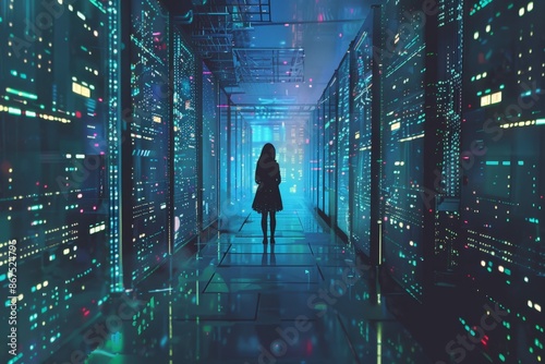 Cybernetic Labyrinth: Silhouetted Figure in Neon-Lit Data Center