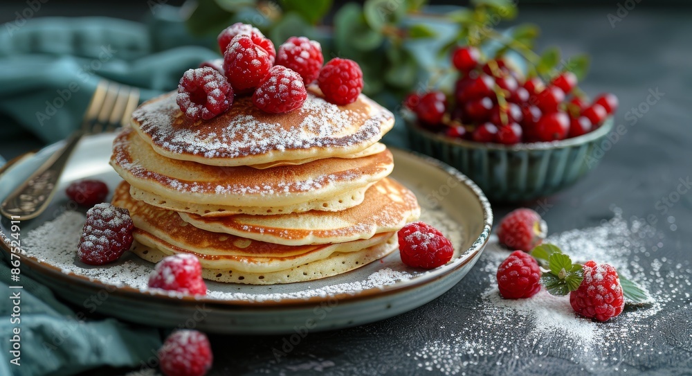 Stack of Buttery Pancakes Topped With Fresh Raspberries and Powdered Sugar Stack of Buttery Pancakes Topped With Fresh Raspberries and Powdered Sugar