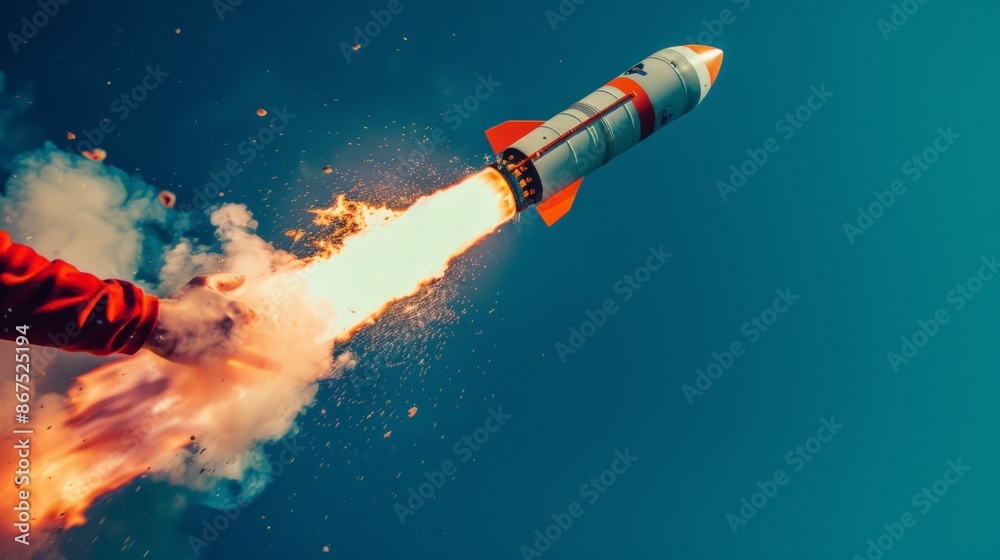 Obraz premium High-Speed Rocket Launch with Smoke Trail