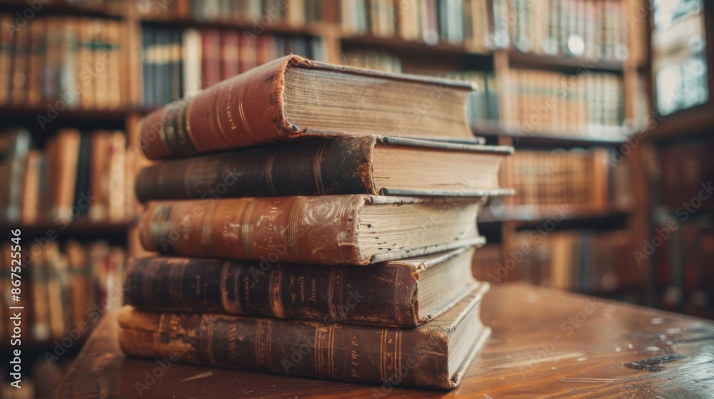 A stack of old books, weathered and well-read, rests on a polished wooden table in a library. The background reveals rows of bookshelves filled with similar vintage tomes. A stack of old books, weathered and well-read, rests on a polished wooden table in a library. The background reveals rows of bookshelves filled with similar vintage tomes.