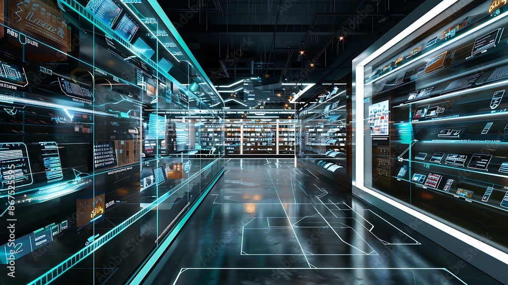 Fototapeta premium A futuristic retail environment with integrated digital screens and smart technology, illustrating the concept of omnichannel retailing