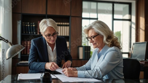 Female notary working with mature couple in office
