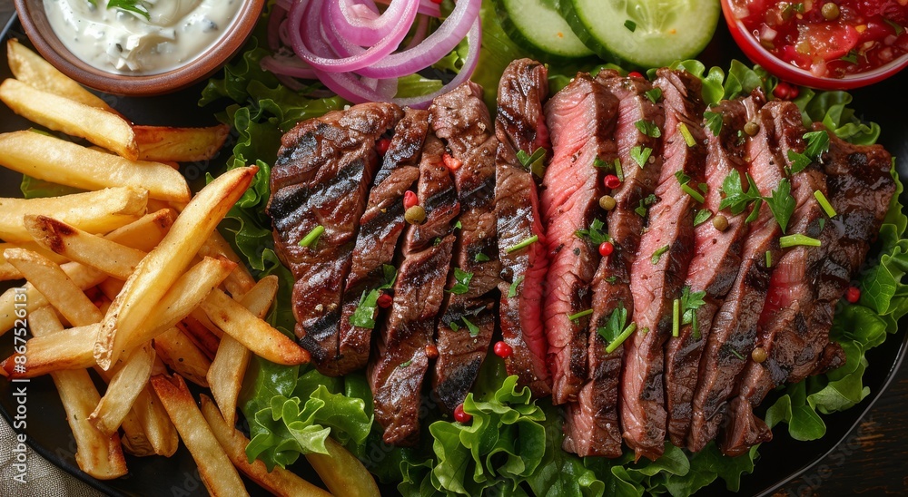 Grilled Steak With French Fries, Lettuce, and Cucumber Grilled Steak With French Fries, Lettuce, and Cucumber