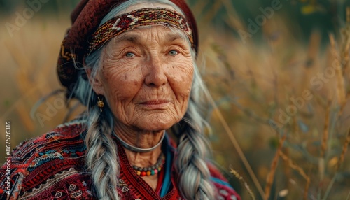 Elderly Woman in Traditional Attire with Grey Hair, Outdoor Setting, Green Background, Looking at Camera